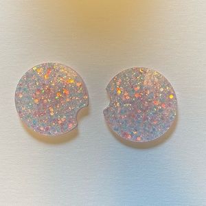 SOLD; Handmade; set clear/pink glitter coasters